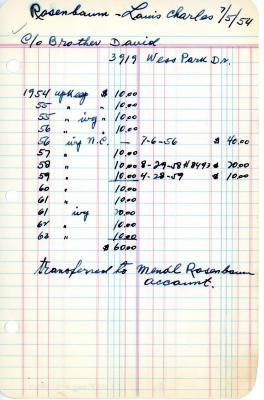 Louis Charles Rosenbaum's cemetery account statement from Kneseth Israel, beginning July 1954