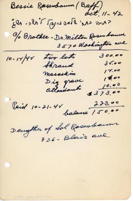Bessie Rosenbaum's cemetery account statement from Kneseth Israel, beginning October 11, 1942