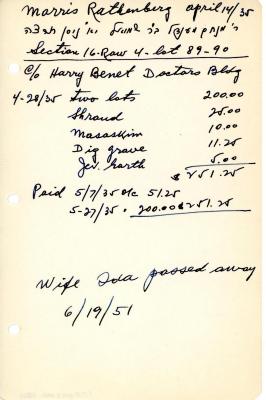 Morris Rathenberg's cemetery account statement from Kneseth Israel, beginning April 28, 1935