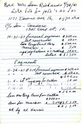 Rae Richards's cemetery account statement from Kneseth Israel, beginning October 31, 1967