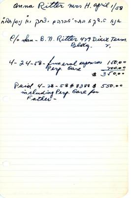 Anna Ritter's cemetery account statement from Kneseth Israel, beginning April 24, 1958