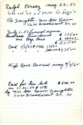 Ralph Persky's cemetery account statement from Kneseth Israel, beginning July 1, 1957
