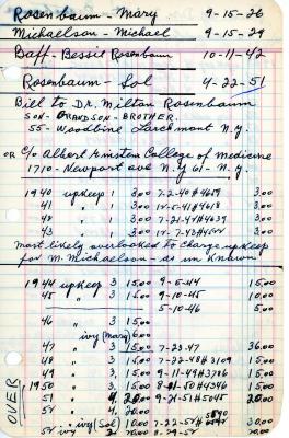 Mary Rosenbaum's cemetery account statement from Kneseth Israel, beginning in 1940