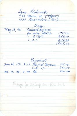 Samuel Plotnick's cemetery account statement from Kneseth Israel, beginning October 12, 1966