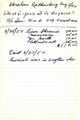 Abraham Rathenberg's cemetery account statement from Kneseth Israel, beginning August 25, 1952