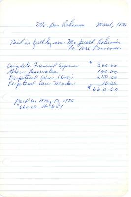 Ben Robinson's cemetery account statement from Kneseth Israel, beginning May 12, 1975