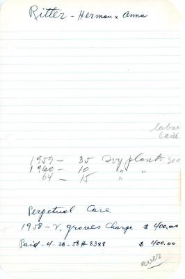 Ritter Family's cemetery account statement from Kneseth Israel, beginning in 1959