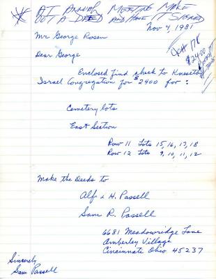 George Rosen's cemetery account statement from Kneseth Israel, beginning November 4, 1981
