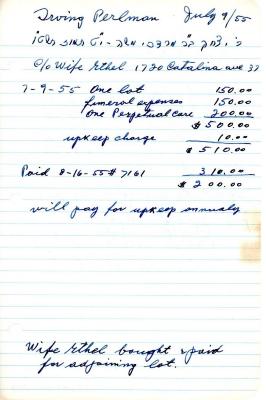 Irving Perlman's cemetery account statement from Kneseth Israel, beginning July 9, 1955