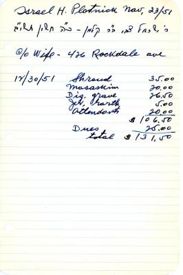 Israel Plotnick's cemetery account statement from Kneseth Israel, beginning in 1952
