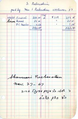 S. Rubenstein's cemetery account statement from Kneseth Israel, beginning December 26, 1967