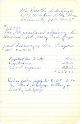 Dorothy Schulzinger's cemetery account statement from Kneseth Israel, beginning February 14, 1973