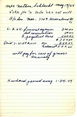 Mrs. Nathan Schlacht's cemetery account statement from Kneseth Israel, beginning June 8, 1964