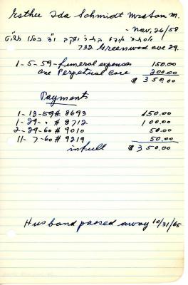 Esther Ida Schmidt's cemetery account statement from Kneseth Israel, beginning January 5, 1959