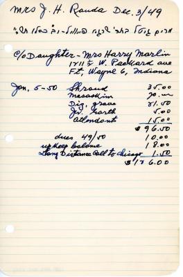 Sidney Rouda's cemetery account statement from Kneseth Israel, beginning January 5, 1950
