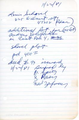 Louis Schavel's cemetery account statement from Kneseth Israel, beginning November 22, 1981
