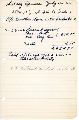 Sidney Rouda's cemetery account statement from Kneseth Israel, beginning July 23, 1956