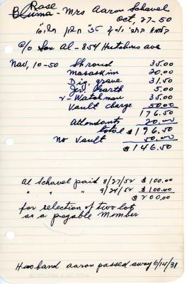 Rose Schavel's cemetery account statement from Kneseth Israel, beginning November 10, 1950
