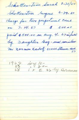 Sarah Schottenstein's cemetery account statement from Kneseth Israel, beginning July 14, 1967