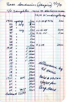 Rose Sandweiss's cemetery account statement from Kneseth Israel, beginning in 1942