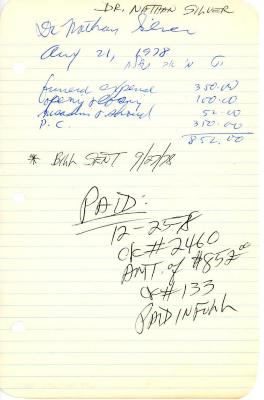 Dr. Nathan Silver's cemetery account statement from Kneseth Israel, beginning August 21, 1978