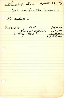 Louis Sien's cemetery account statement from Kneseth Israel, beginning April 29, 1953