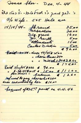 Isaac Sher's cemetery account statement from Kneseth Israel, beginning December 15, 1944