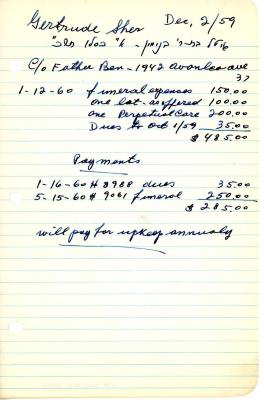 Gertrude Sher's cemetery account statement from Kneseth Israel, beginning January 12, 1960