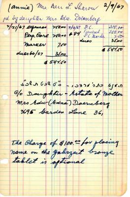 Annie Sharon's cemetery account statement from Kneseth Israel, beginning February 21, 1967