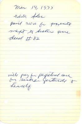 Edith Sher's cemetery account statement from Kneseth Israel ,beginning March 14, 1977