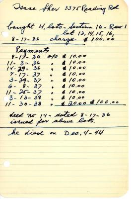 Isaac Sher's cemetery account statement from Kneseth Israel, beginning August 17, 1936