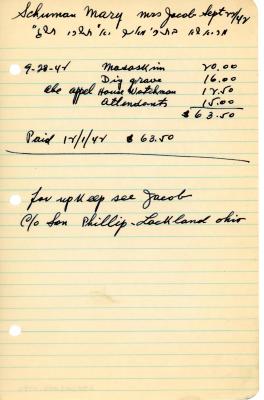 Mary Schuman's cemetery account statement, begins with September 28, 1942