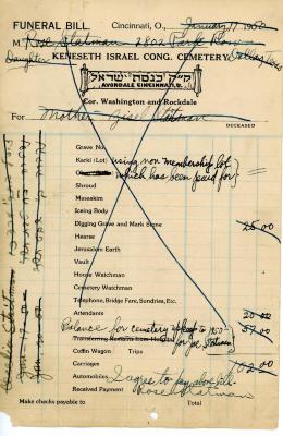 Max Staitman's cemetery account statement from Kneseth Israel, beginning in 1940