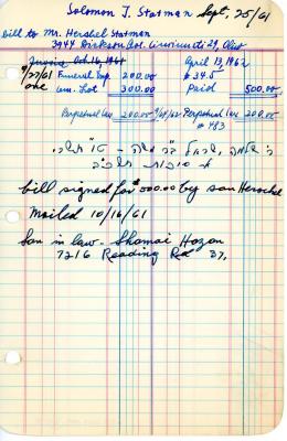 Herschel Statman's cemetery account statement from Kneseth Israel, beginning September 27, 1961