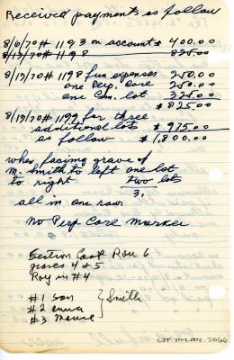 Maurice Smith's cemetery account statement from Kneseth Israel, beginning April 1, 1970