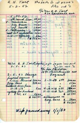 A.H. Tort's cemetery account statement from Kneseth Israel, beginning May 21, 1952