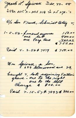 Jacob Spivak's cemetery account statement from Kneseth Israel, beginning January 5, 1956