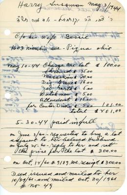 Harry Sussman's cemetery account statement from Kneseth Israel, beginning May 10, 1944