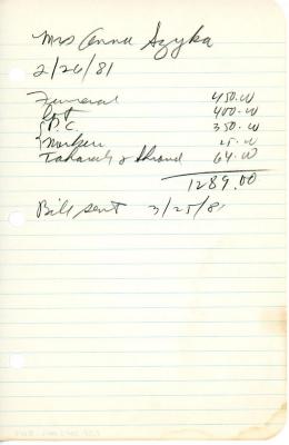 Anna Szyka's cemetery account statement from Kneseth Israel, begins with February 26, 1981