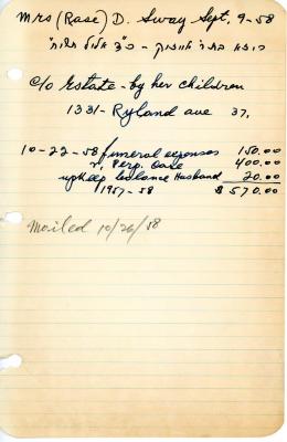 Rose Sway's cemetery account statement from Kneseth Israel, beginning October 22, 1958