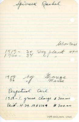 Jacob Spivak's cemetery account statement from Kneseth Israel, beginning in 1956
