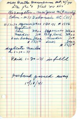 Bertha Tennenbaum's cemetery account statement from Kneseth Israel, beginning November 17, 1970