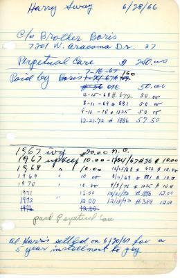 Harry Sway's cemetery account statement from Kneseth Israel, beginning July 16, 1967
