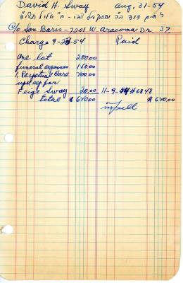 David Sway's cemetery account statement from Kneseth Israel, beginning September 23, 1954