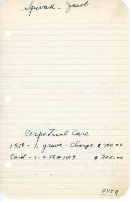 Jacob Spivak's cemetery account statement from Kneseth Israel, beginning in 1956