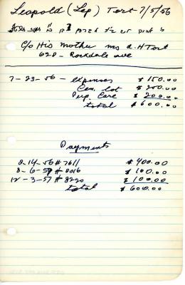 Leopold Tort's cemetery account statement from Kneseth Israel, beginning July 23, 1956
