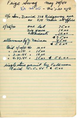 Feige Sway's cemetery account statement from Kneseth Israel, beginning May 26, 1940