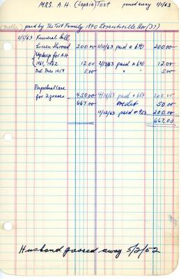 Sophie Tort's cemetery account statement from Kneseth Israel, beginning February 5, 1963