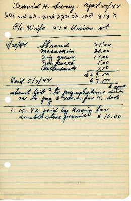 David Sway's cemetery account statement from Kneseth Israel, beginning April 28, 1942