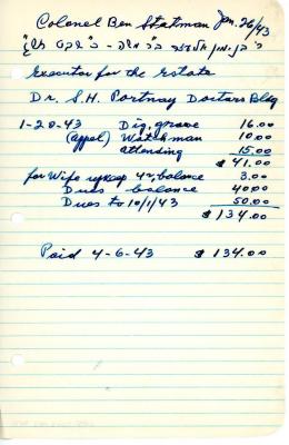 Ben Statman's cemetery account statement from Kneseth Israel, beginning January 20, 1943